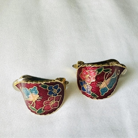 Jewelry - Vintage Red Flower Butterfly Cloisonne Domed  Earrings Gold Plated Clip On